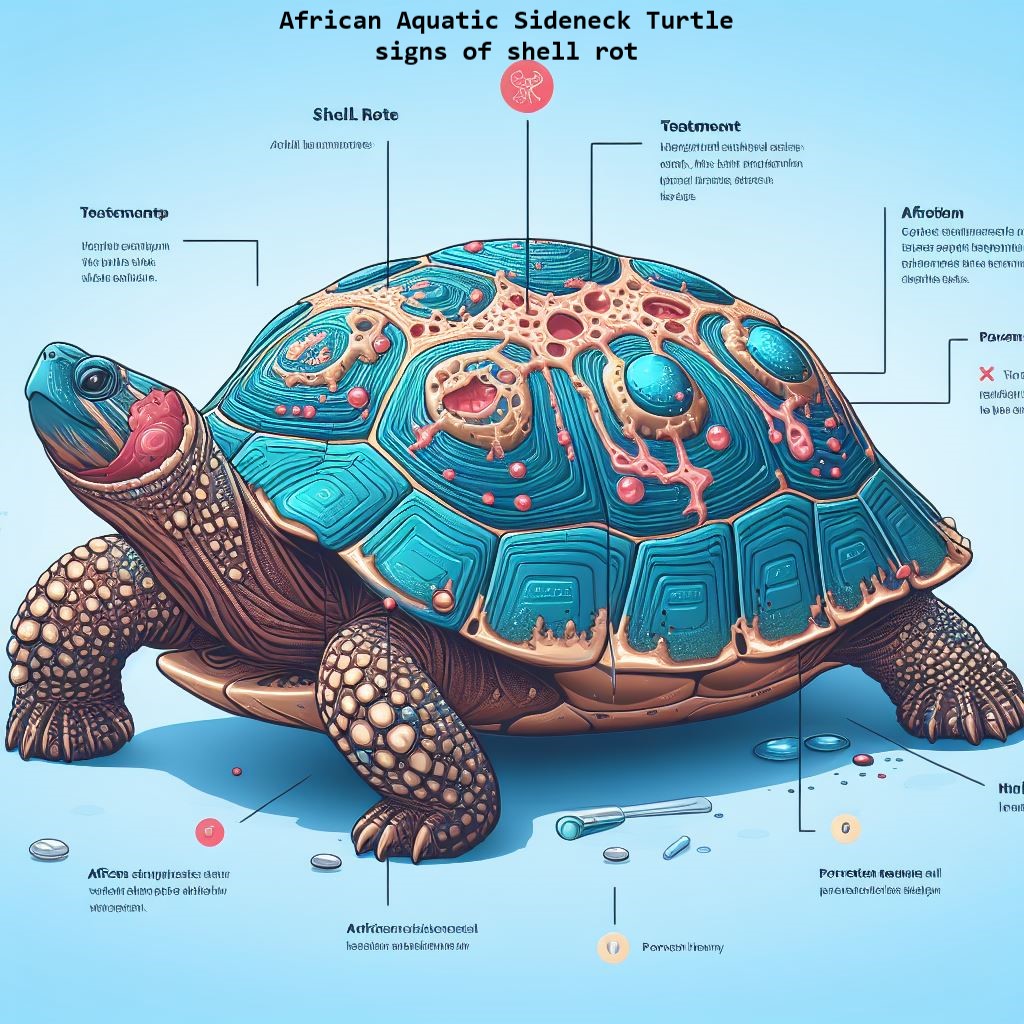 African Aquatic Sideneck Turtle with signs of shell rot, infographic