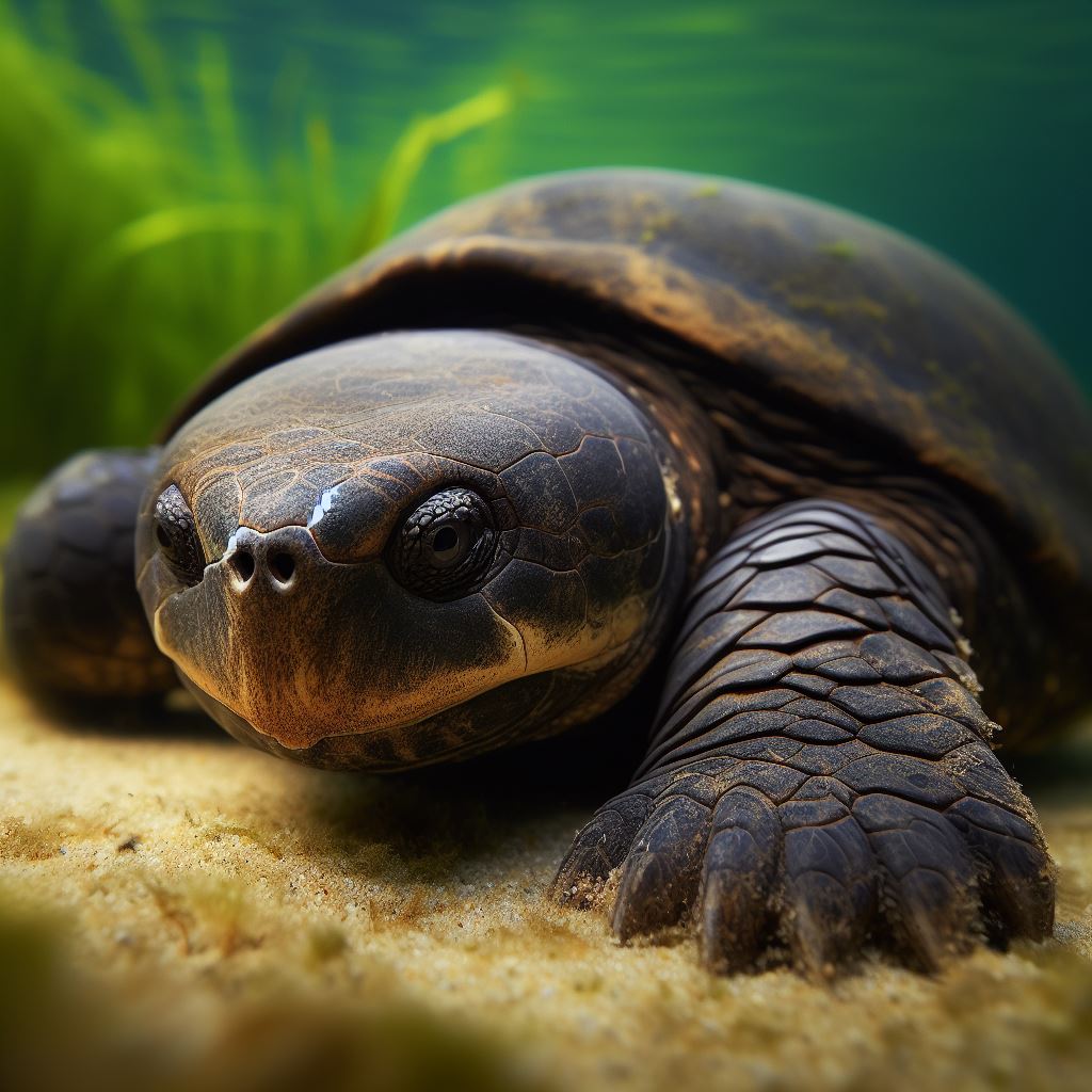 mud turtle resting on a sandy bottom in shallow water
