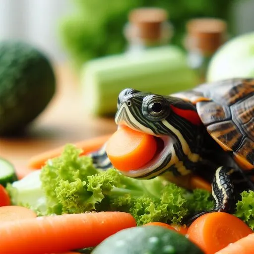 Red-eared slider turtle munching on leafy greens and vegetables.