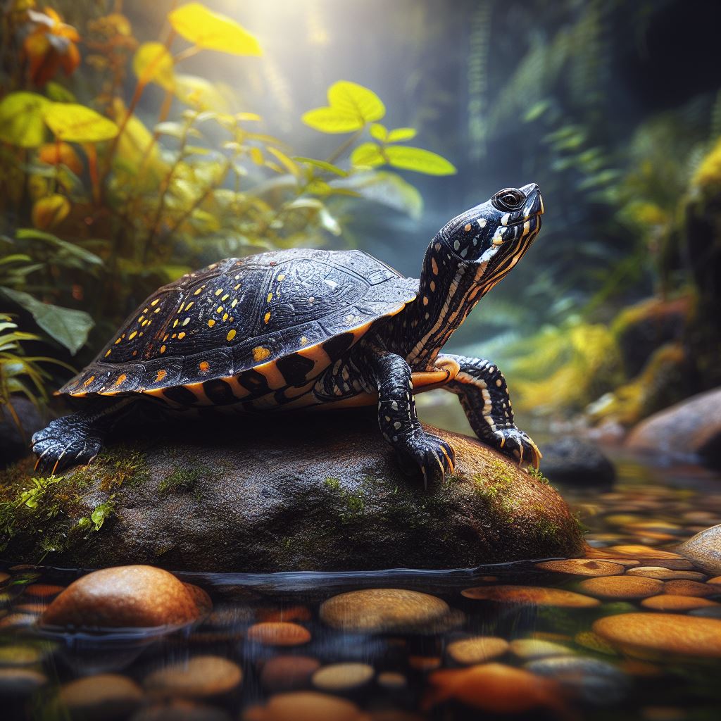 spotted turtle basking on a rock in a shallow water habitat
