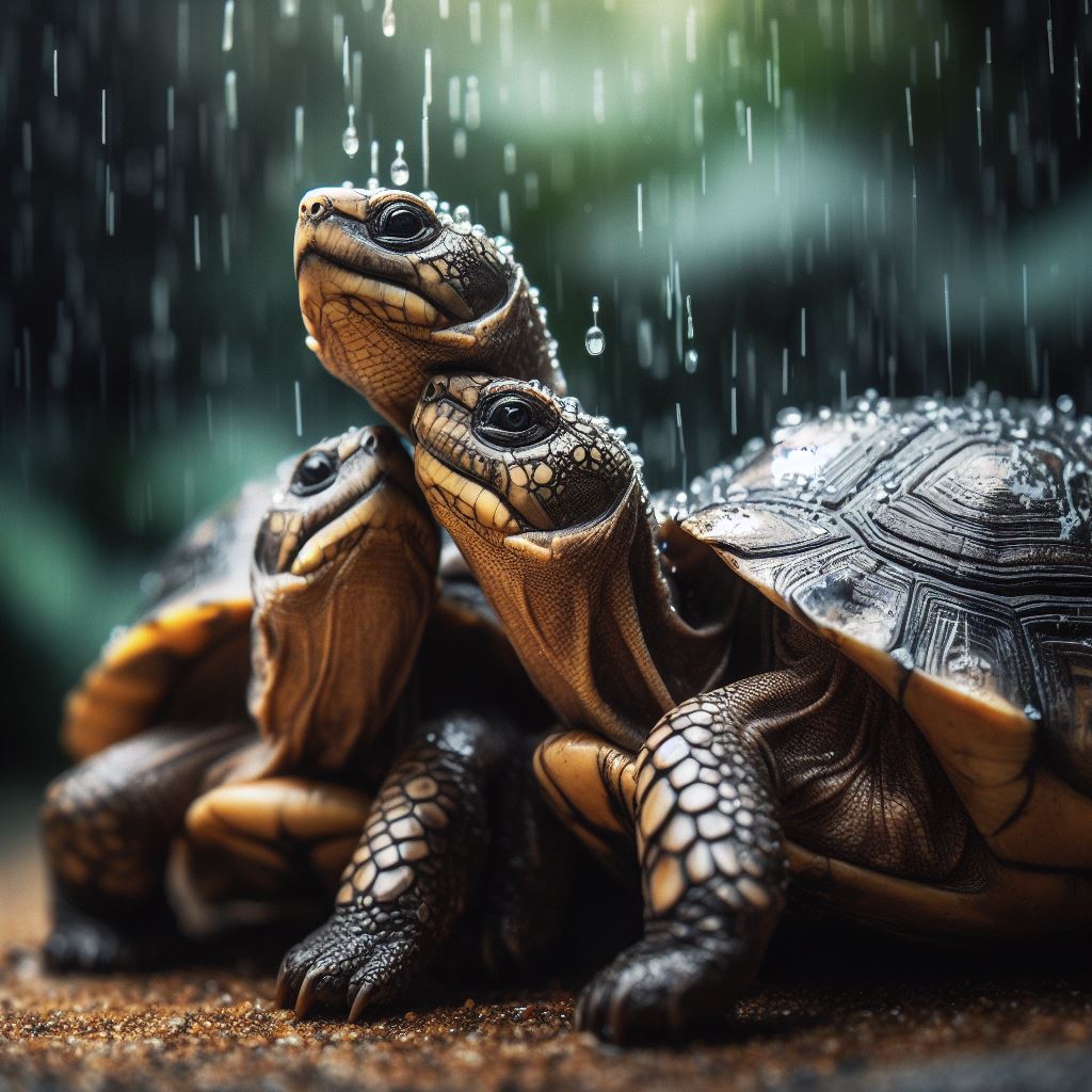 Group of African Aquatic Sideneck Turtles basking together in rain