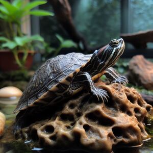 A pet turtle basking on a rock in a well-maintained habitat